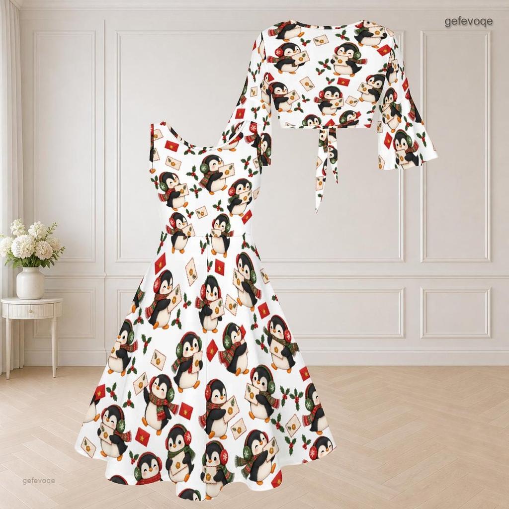 Women Plus Size White Christmas Penguin Print V Neck Sleeveless Half Sleeve Two Piece Dress Set