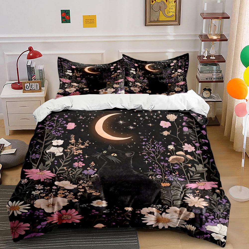Crescent moon, black cat, flowers. Bedding sets Duvet cover sets Duvet covers Pillowcases(1 * Duvet Cover 2 * Pillowcases without duvet insert)