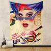 A vibrant portrait of a stylized woman with makeup tools and bold text. Patterned tapestry for bedroom and living room home decor