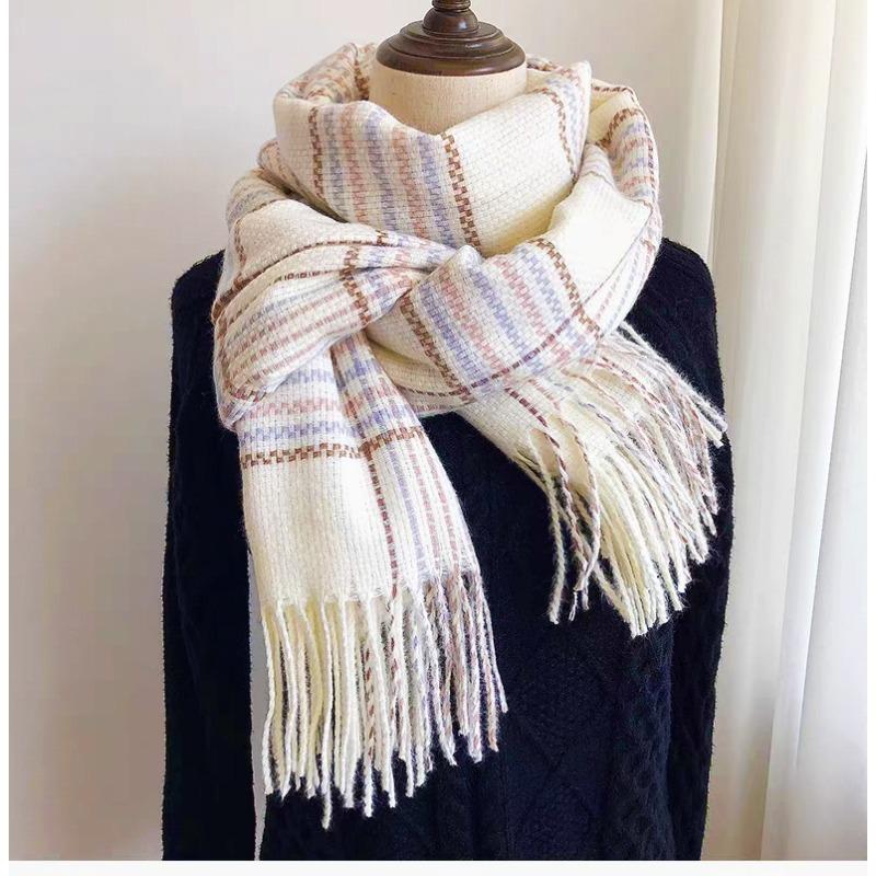 Plaid Scarf Women's Atmosphere Warm New Dry Rose Powder Autumn and Winter White Soft Fringed Shawl Scarf
