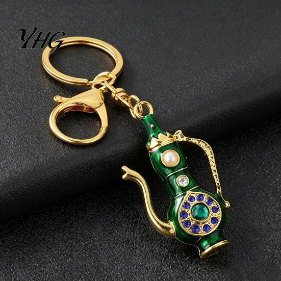 Zinc Alloy Charm Retro Teapot Keychain with Rhinestones, Ethnic Style Pitcher Key Sparkling RhinestonesKeychain Ring, Decorative Pendant for Handbags