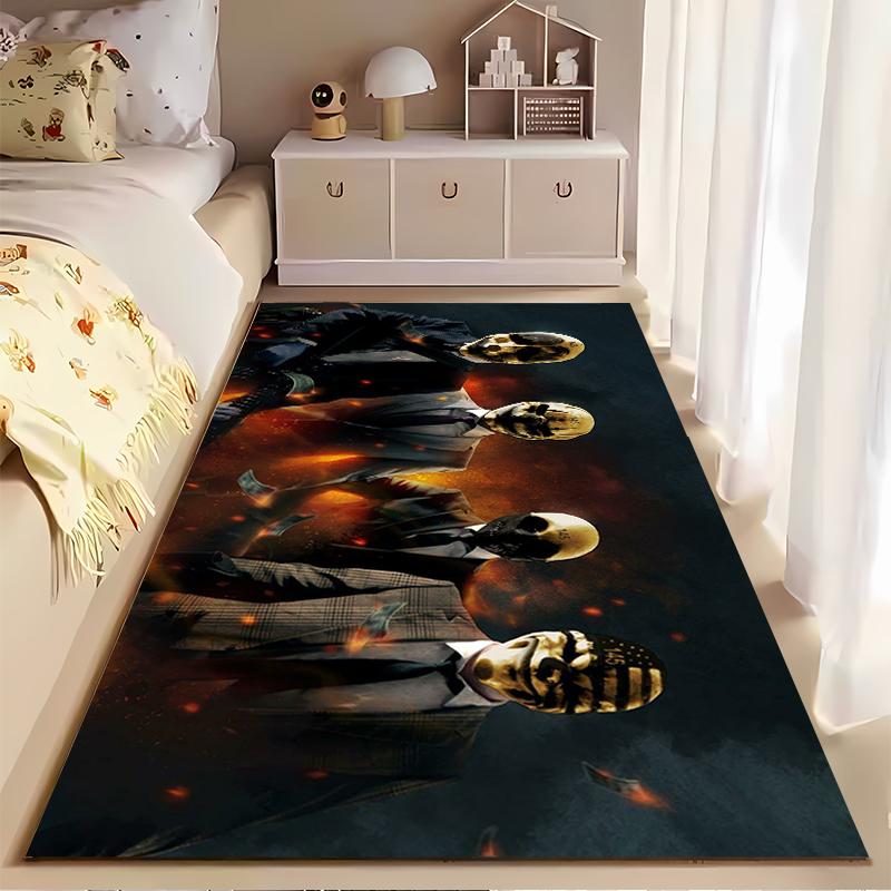 Masked men with suits and fiery background. Non-slip rug suitable for living room and bedroom sofas.