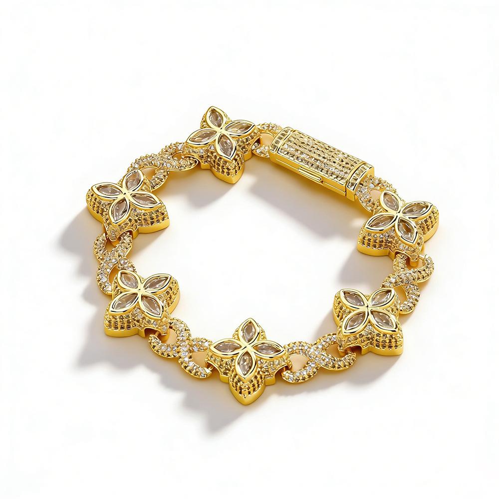 Popular Fashion Exquisite Hip Hop Jewelry Bling CZ Iced Out Four Leaf Clover Infinite Bracelet for Women and Men