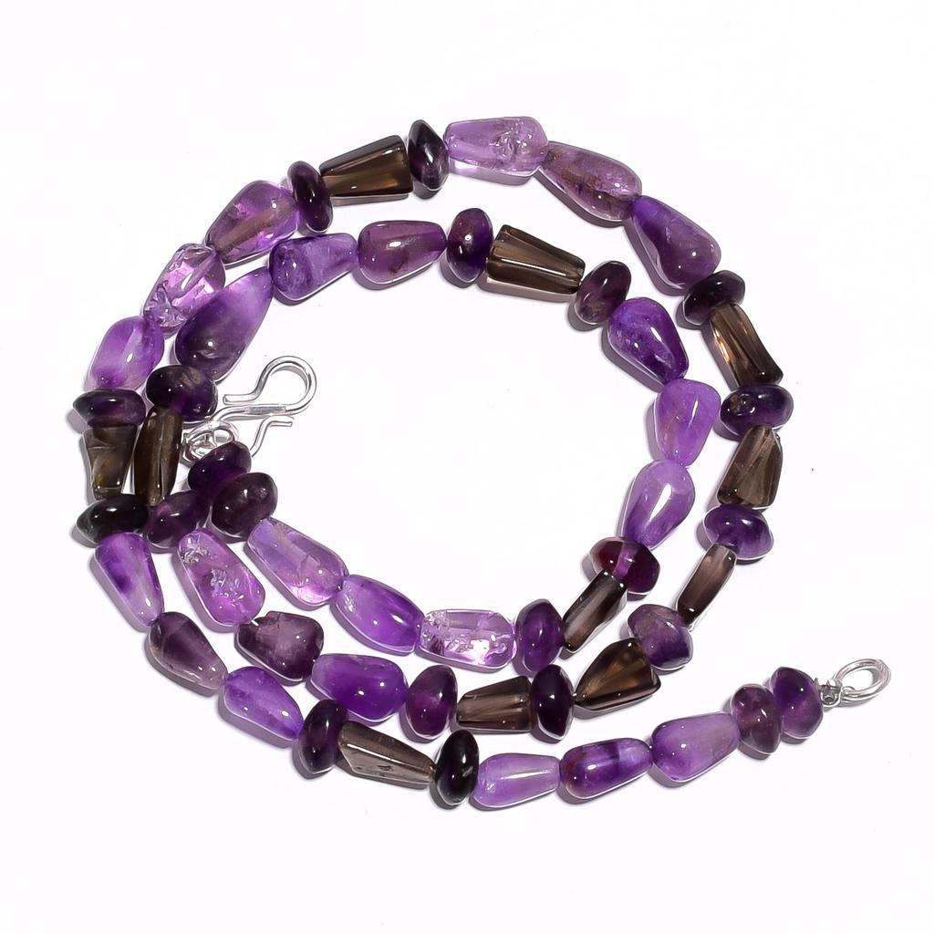Natural Amethyst Smoky Quartz Gemstone Smooth Beads Necklace 17" UB-4558 UB-4558
