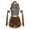 S-3XL Women Cavewomen Primitive Native Cosplay Leotard Dress Detachable Sleeves Leopard Print Irregular Mesh Hem Color Block for Raves Party