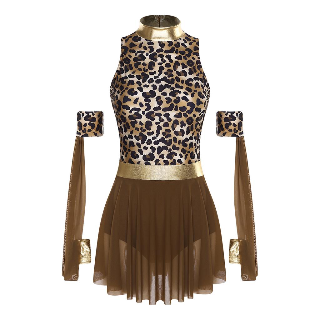 S-3XL Women Cavewomen Primitive Native Cosplay Leotard Dress Detachable Sleeves Leopard Print Irregular Mesh Hem Color Block for Raves Party