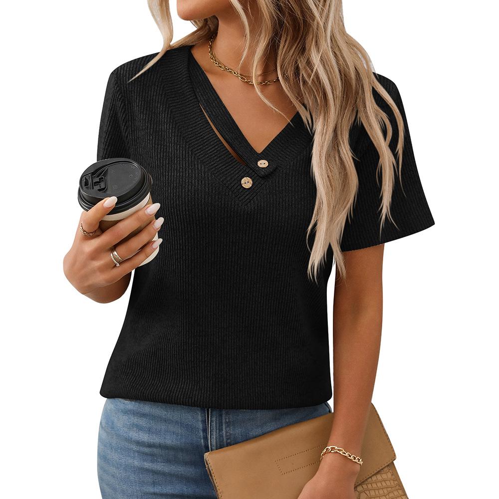 Knitted Pit Stripe V-neck Button Top Short Sleeved Women's T-shirts