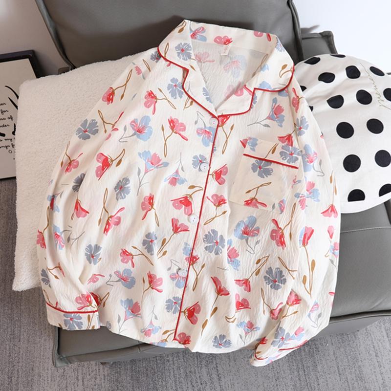 Homewear Flower Print V-neck Women's Pajamas Set Aesthetic Art Soft Two-piece Pajamas Set Sweet Casual Autumn  Sleepwear