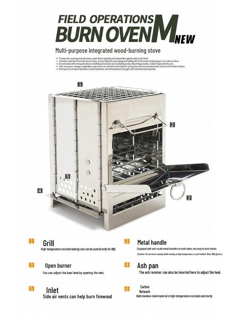 Уличная складная печь из нержавеющей стали для дров и древесного угля со встроенным устройством для розжига огня для кемпинга, барбекю и обогрева