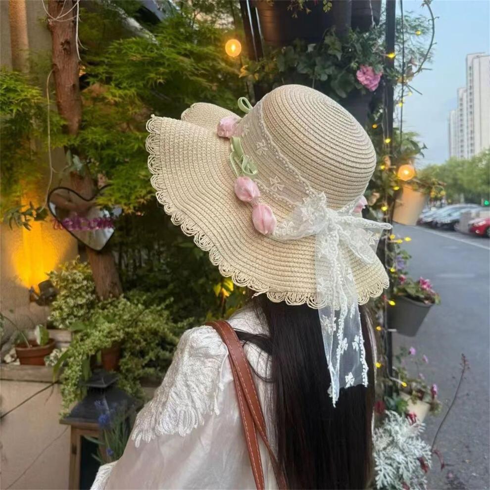 (One Size, Yellow) Women's Straw Sun Hat Breathable Stylish Decorative Tulip Lace Band Wide Brim Beach Hat