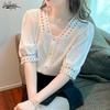 Summer  Office Lady Short Sleeve White Shirt Fashion Hollow Chiffon Women Blouse And Tops Elegant V-Neck Clothes Blusas 20201