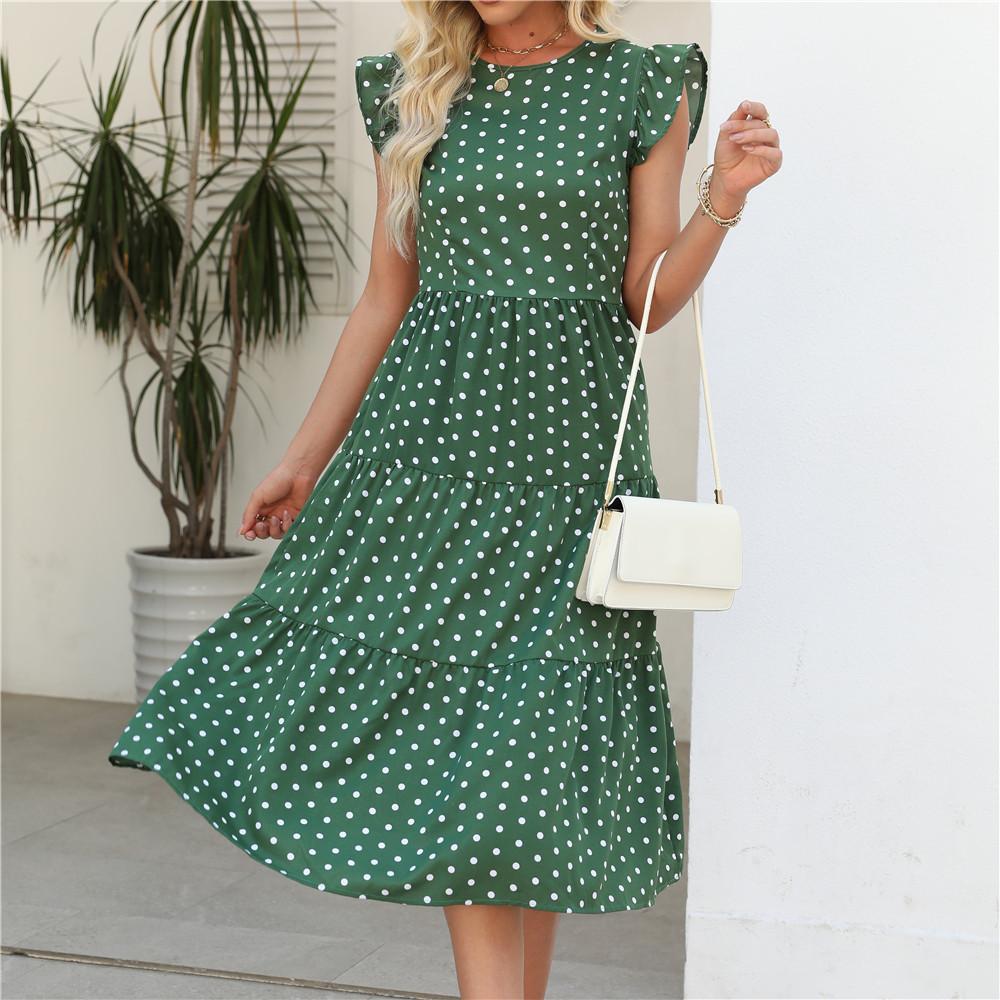 Polka Dot Print Summer Women Long Dress Round Neck Ruffled Sleeveless