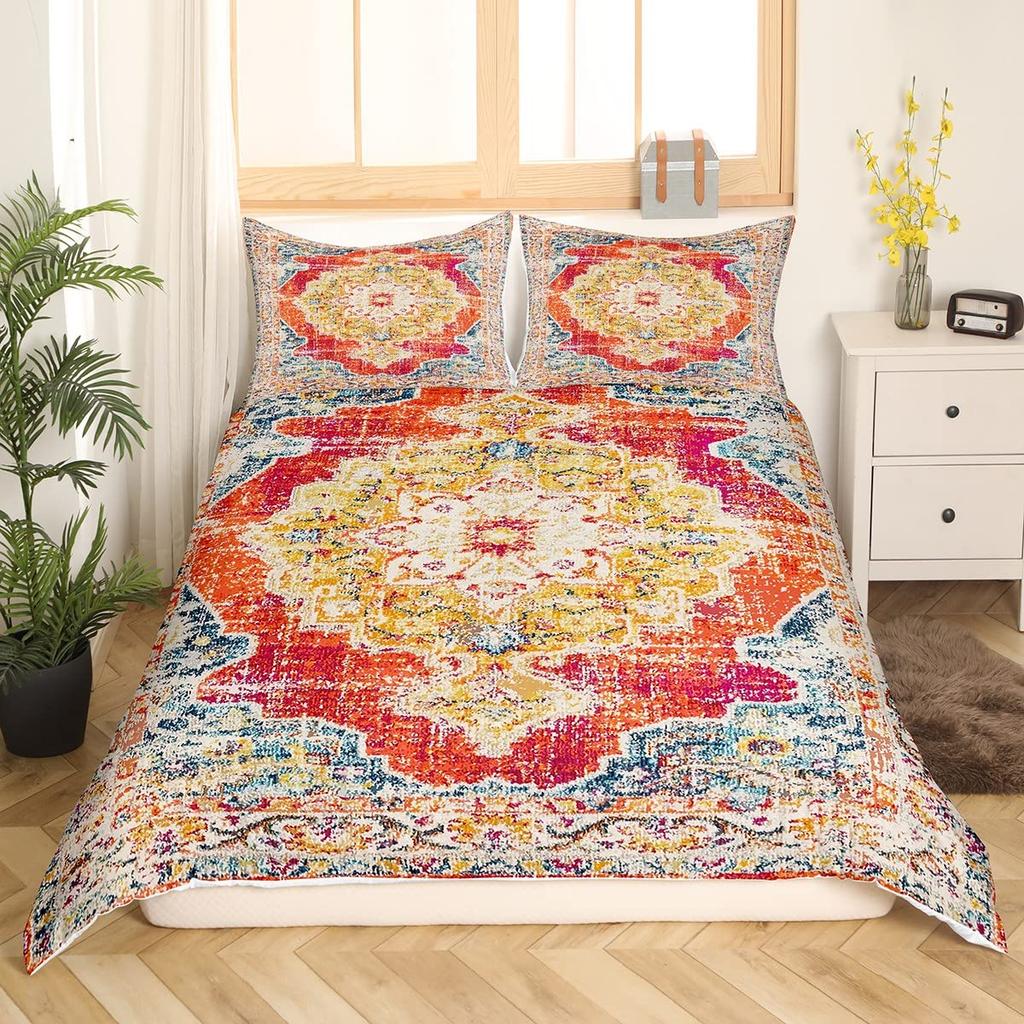 Ethnic Bright Floral Duvet Cover Queen King Size Boho Botanical Bedding Set Geometric Abstract Quilt Cover Bedroom Decor 3 Pcs