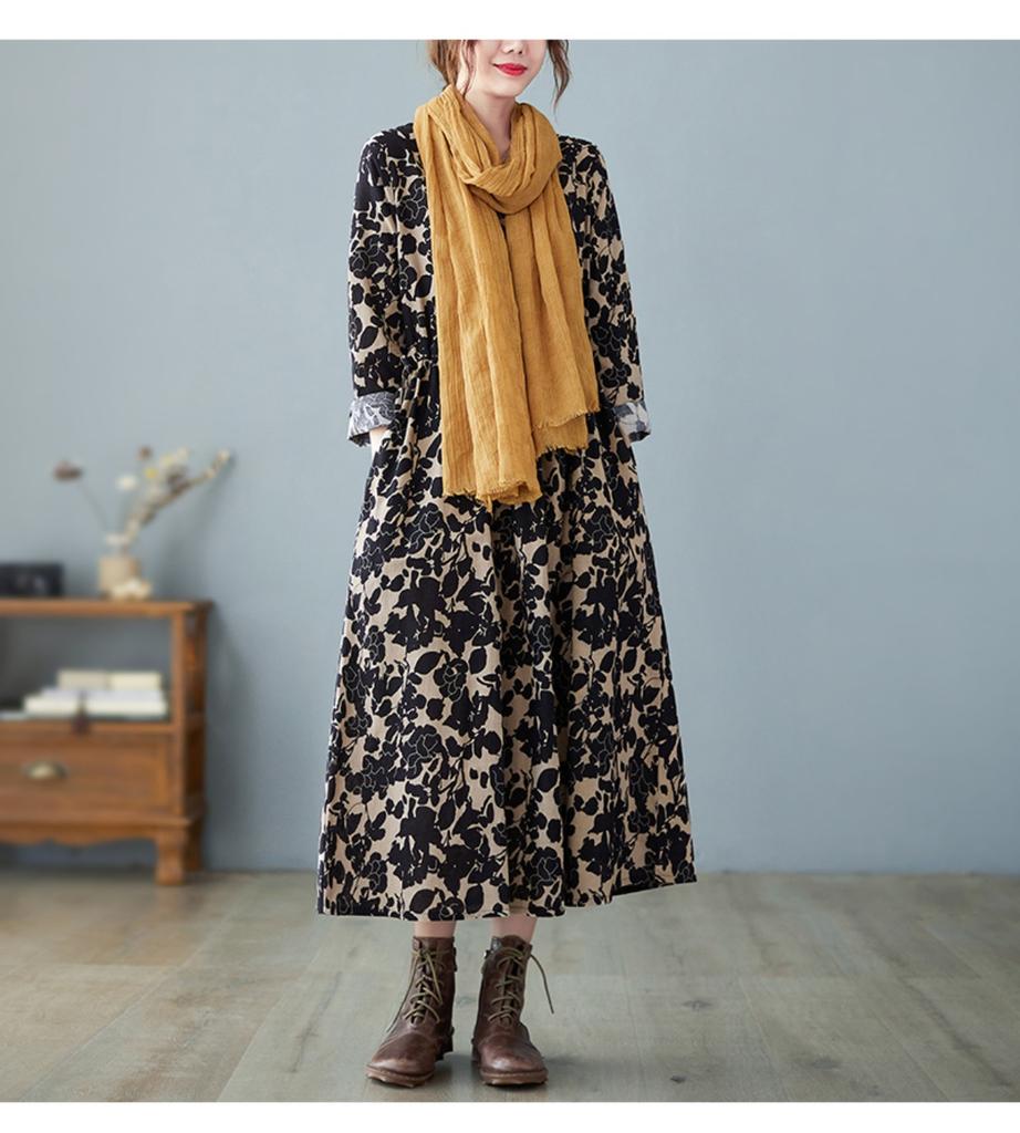 Платье с литературным и художественным принтом в стиле ретро 2025 года на осенней основе из хлопка и льна с длинной юбкой, свободная, с длинным рукавом, большая юбка-качеля для женщин