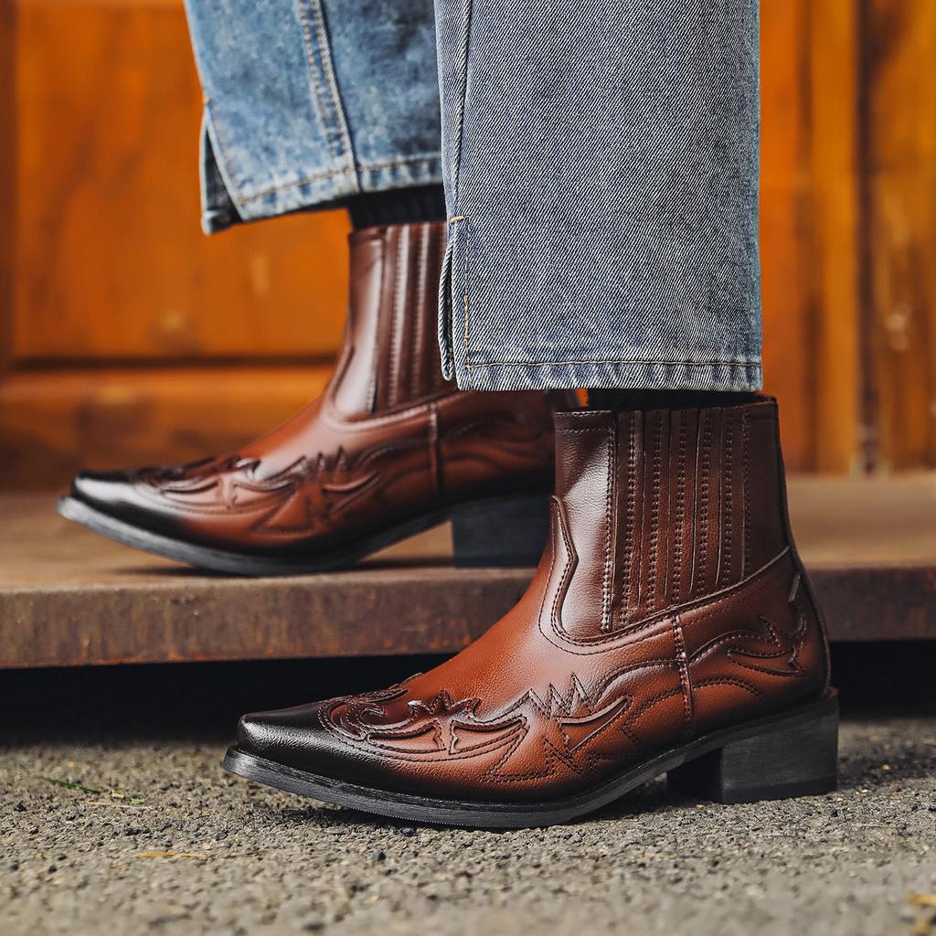 Классические ковбойские мужские сапоги в стиле вестерн, рыцарские кожаные туфли для мужчин, на молнии, из телячьей кожи, новые высококачественные удобные модные дизайнерские повседневные туфли для вечеринок и вечеринок