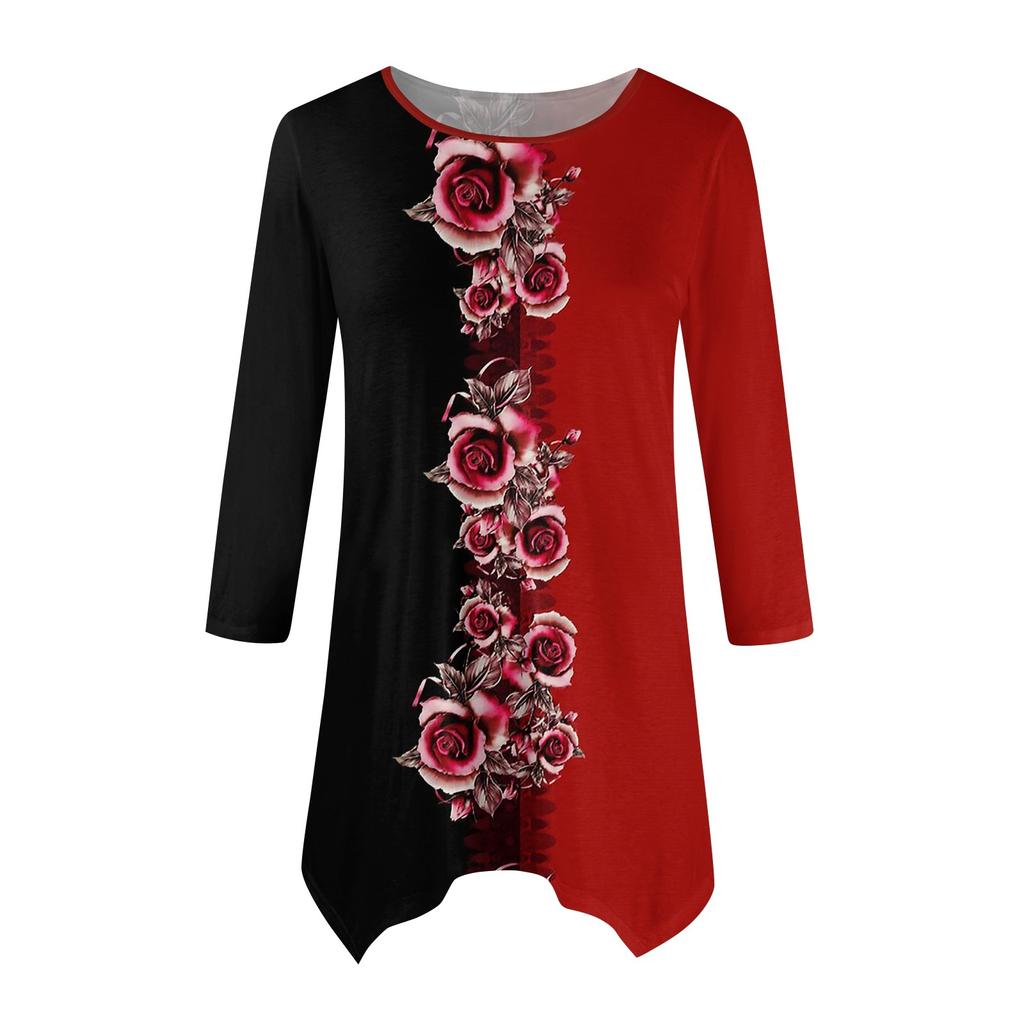 Женская модная повседневная рубашка с круглым вырезом и цветочным принтом, рукавами-семью, свободным удобным топом с поясом