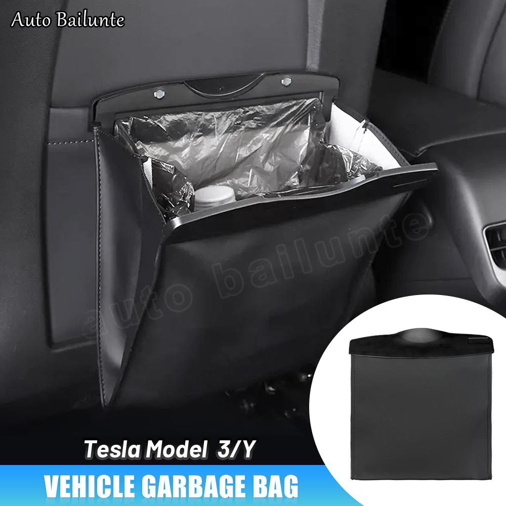 For Tesla Model 3 Model Y 2023 2022 - 2016 Car Garbage Bag Black Back Seat Waterproof Trash Bag Rubbish Cans Hanging