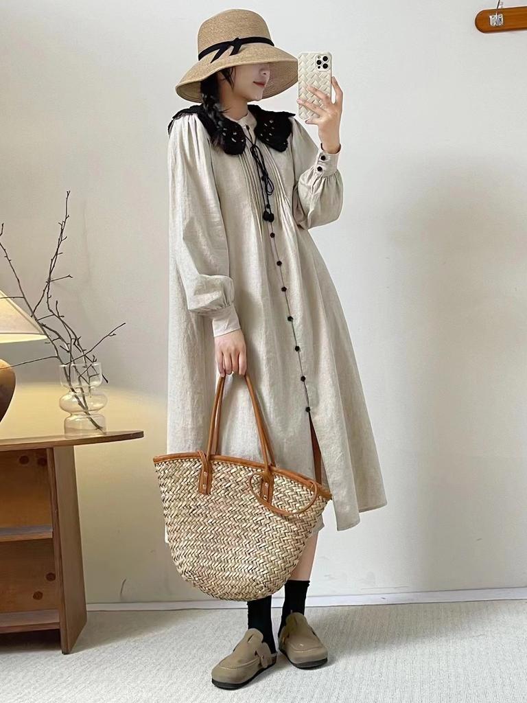 Johnature Платье-гармошка в складку в стиле ретро, литературный лес, весеннее японское свободное платье с брошью