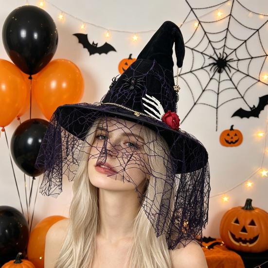 Creative Halloween Props Punk Skeleton Hand Witch Hat with Spider And Veil, Black Large Reusable Holiday Ornaments Wizard Costume Accessory
