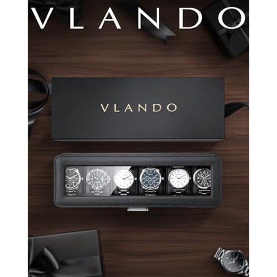 VLANDO футляр для часов ПУ кожа запираемый на ключ мужской 6 отделений (черный) сделано мужская коробка для хранения аксессуар подарок на день рождения