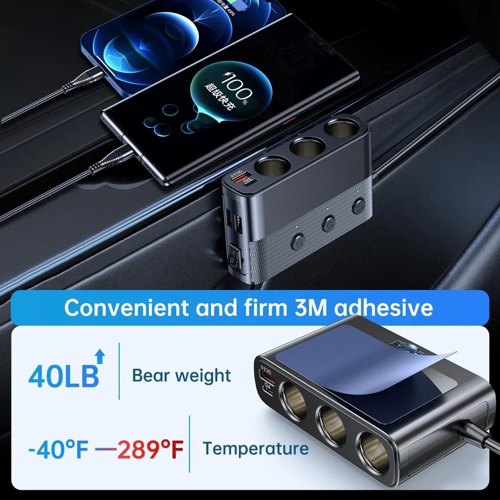 Car Charger Splitter 128W Multi Ports PD30W QC3.0 Cigarette Lighter Adapter Car Cigarette Lighter Socket Splitter with Switch