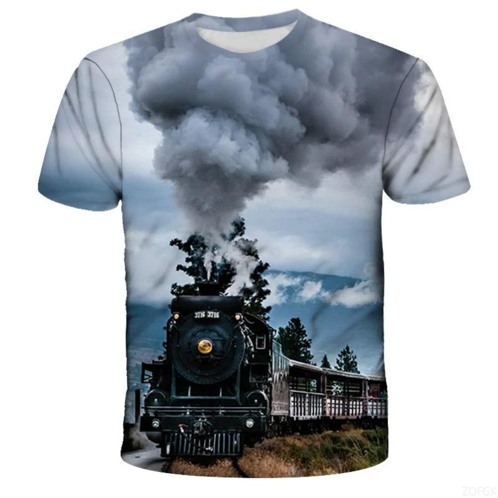 Train Pattern 3D Digital Printing Men's Casual and Comfortable Round Neck Short Sleeved T-shirt