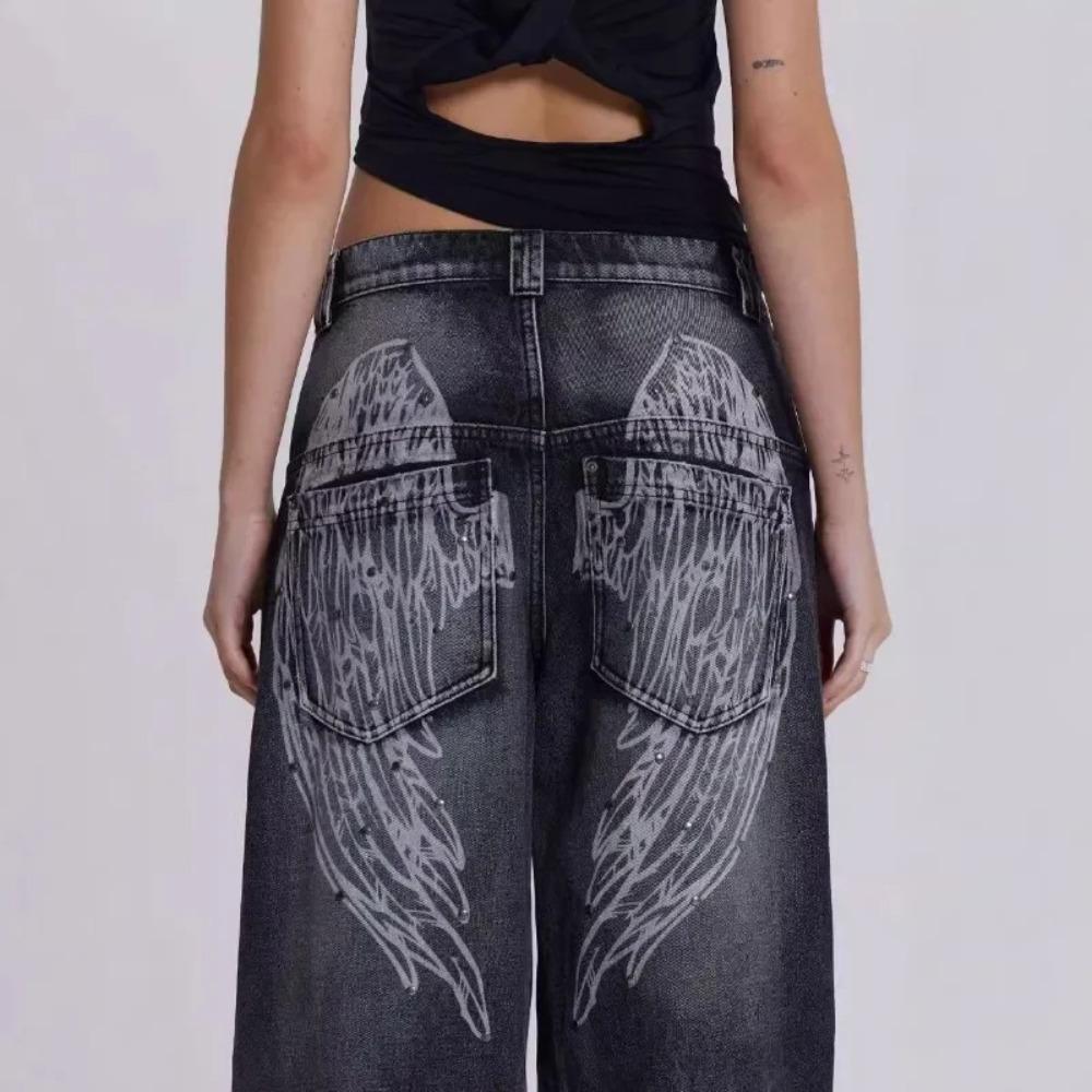 Мешковатые джинсы с принтом Женская одежда High Street Rivet Washed Vintage Брюки Женские джинсы Повседневные джинсы с высокой талией