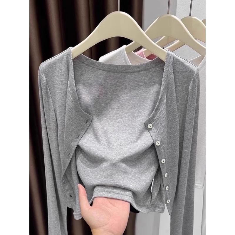 Ленивый ветер короткий вязаный кардиган женский серый топ с длинным рукавом весна новый простой повседневный жакет