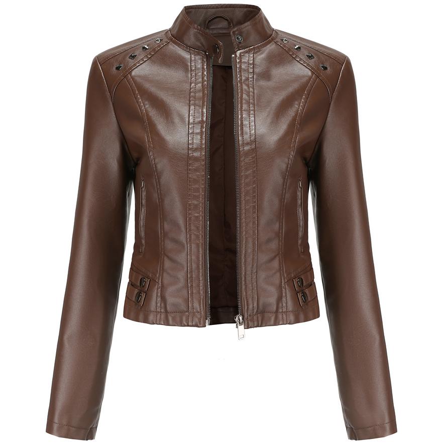 Women Faux Leather Jacket Cropped Zip Up Motorcycle Short PU Moto Biker Outwear Fitted Slim Coat with Pockets Stylish Rivets Punk Rock Fashion Blazer