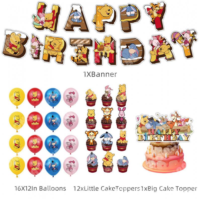 Winnie the Pooh Birthday Party Supplies Set for Kids, Includes Banner, Cake Toppers, Balloons, Boy Girl Theme Decorations