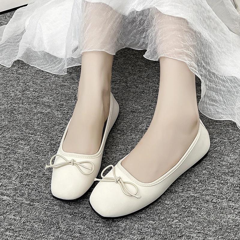 Новые модные однотонные женские туфли на плоской подошве с квадратным носком и бантом, простые повседневные женские туфли на плоской подошве