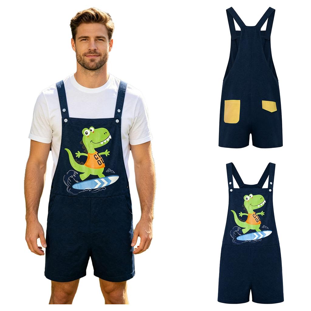 S-XXL Men Cartoon Dinosaur Printed Overalls Pajamas Back Color Blocking Pockets Adjustable Straps Bib Shorts Rompers Sleepwear