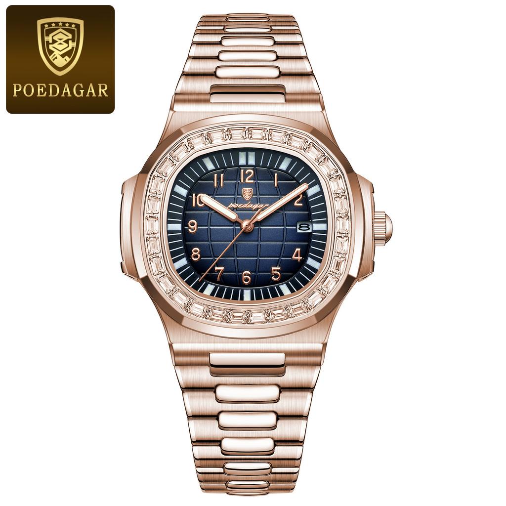 POEDAGAR Luxury Square Man Wristwatch Diamond Dial Luminous Waterproof Date Men Watch Stainless Steel Men's Quartz Watches Casual Male Clock