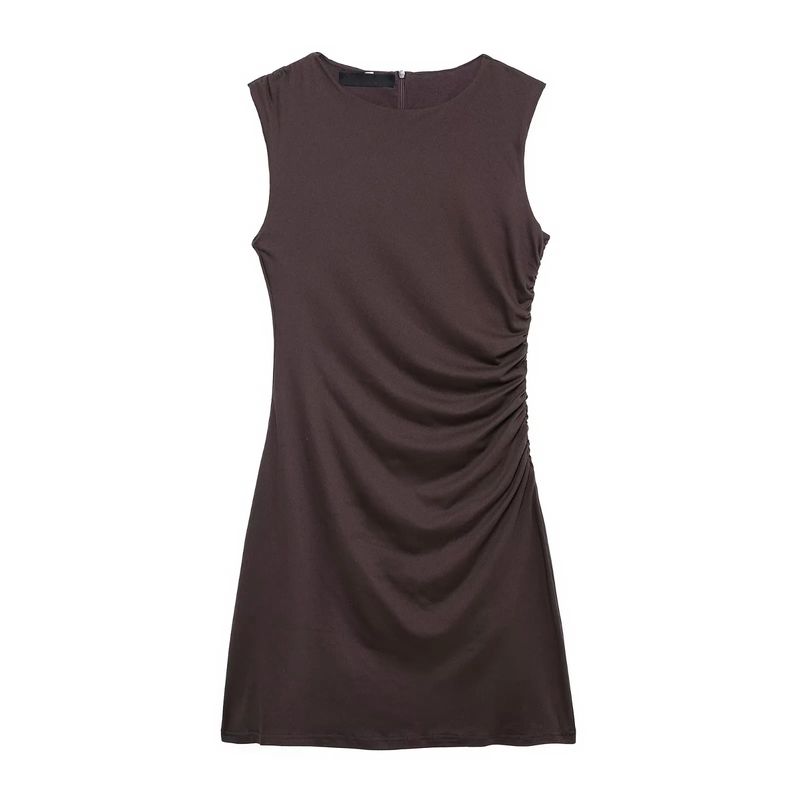 Spring New Women's Clothing French Ruched Silm Round Neck Short Sleeveless Dress 3067220 4772350