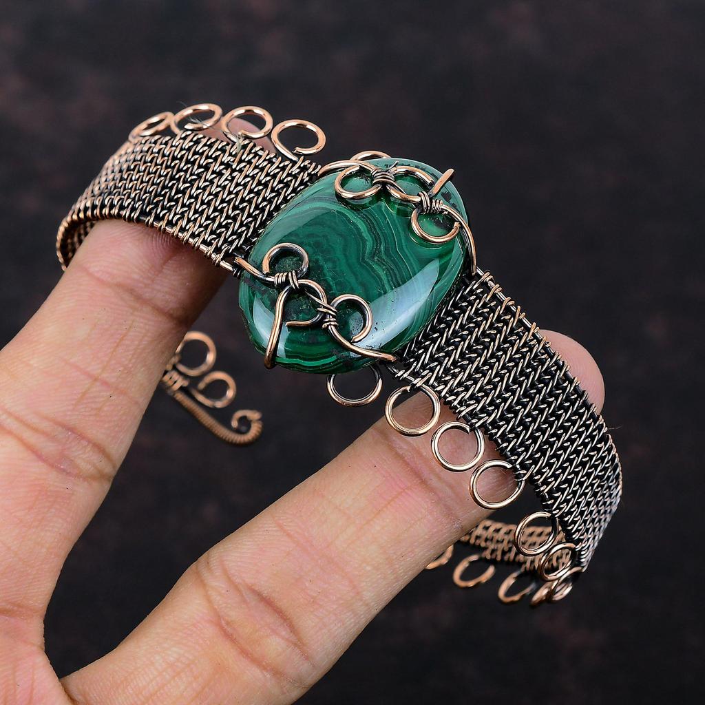 Малахитовый браслет-манжета, браслет-бенгл, обмотанный медной проволокой, украшения ручной работы, регулируемый браслет-манжета, медные украшения с драгоценными камнями, стильный браслет для подарка