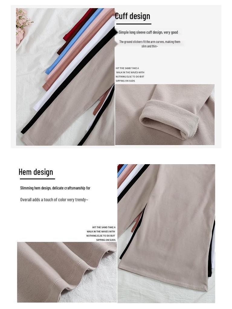 2024 Women's Korean Style Solid Color Plus Velvet Long Sleeve T-Shirt, Autumn/Winter