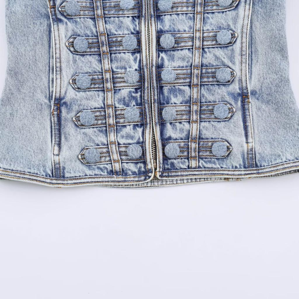 European and American style, new women's clothing, fashionable, button-decorated waist denim jacket 7627047