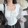 Solid Color Long Sleeve T-shirt Square Neck Lace Up T-shirt All-Match Sweet Slim Tops  Girls