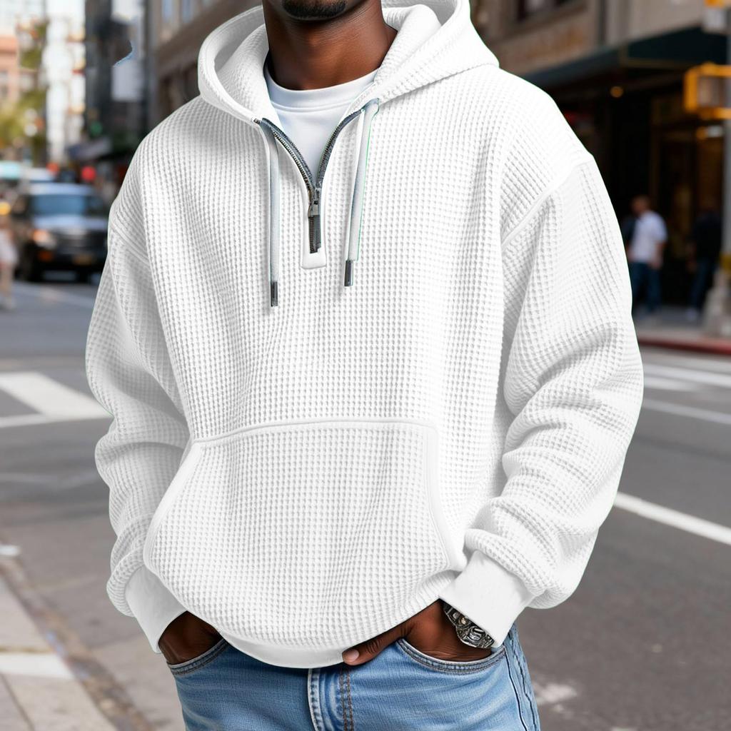 Мужской Модный Трендовый Худи с капюшоном на половину молнии Пуловер Утепленный Флисовая текстура Толстовка