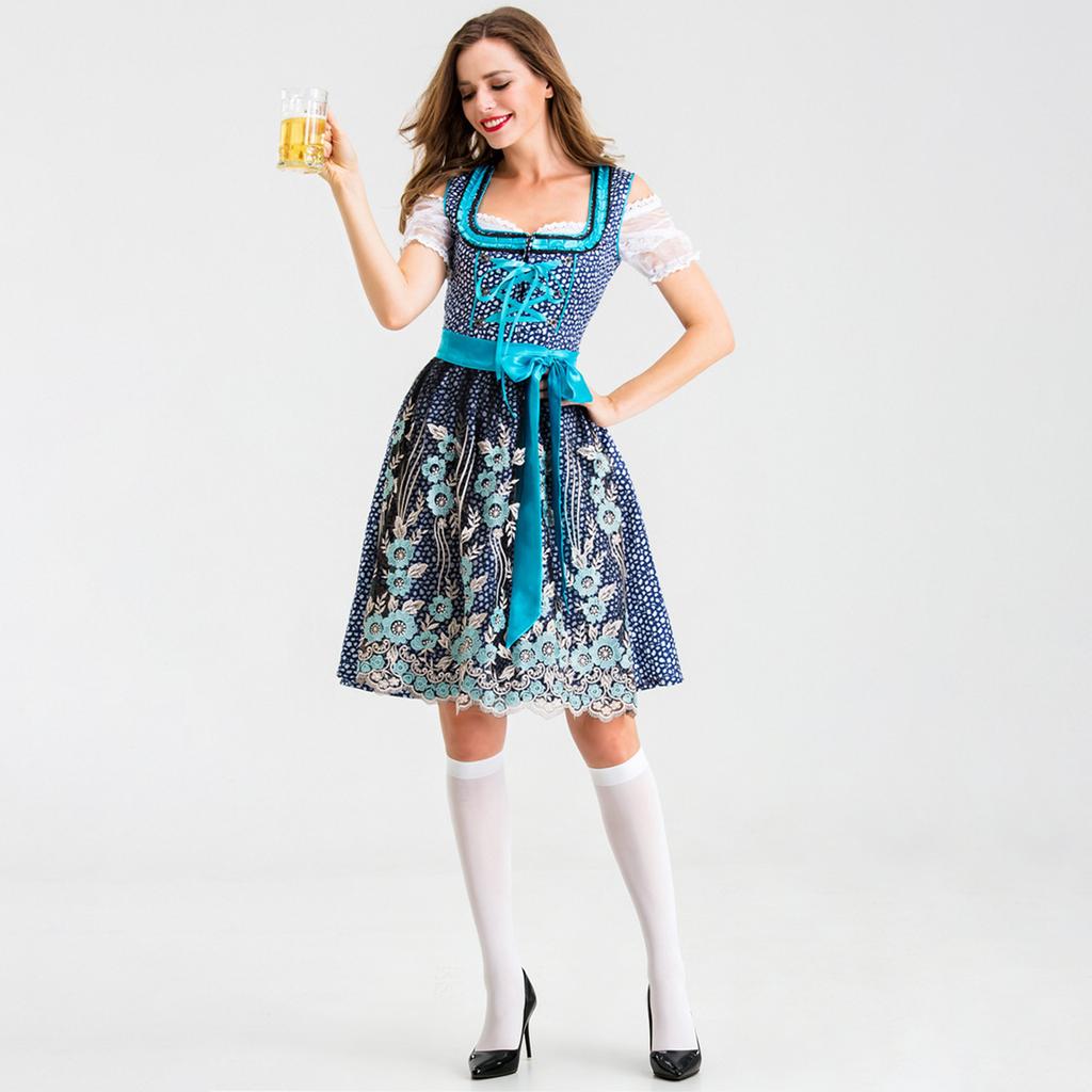 Traditional Style Bavarian Dress Oktoberfest Costume Beer Maid Uniform with Embroidered Apron and Lace Trimmed Sleeves for Women