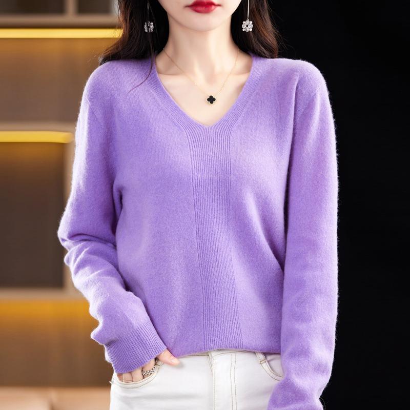 Spring and Autumn Women's Knit Sweater V-neck Long-sleeved Knit Sweater Solid Color Pullover Thin Top Gentle Wind Knitted Bottoming Shirt