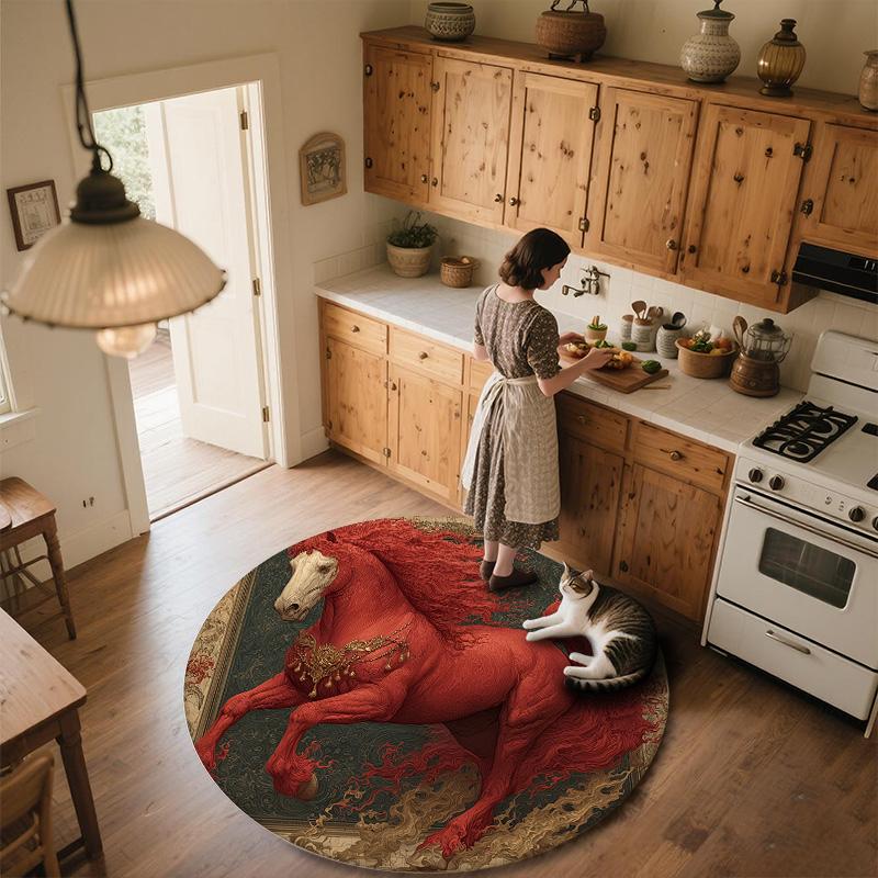 Red Horse,Round Area Rug,Carpet Rug for Living Room Bedroom Sofa Playroom Decor,Non-slip Floor Mat