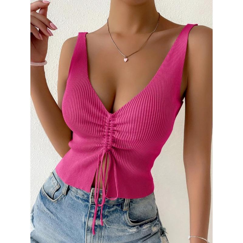 New Summer Women Drawstring Front Ribbed Knit Tops Femme Sexy V Neck Sleeveless Crop Top Clothes High Stretch Split Cropped Tank