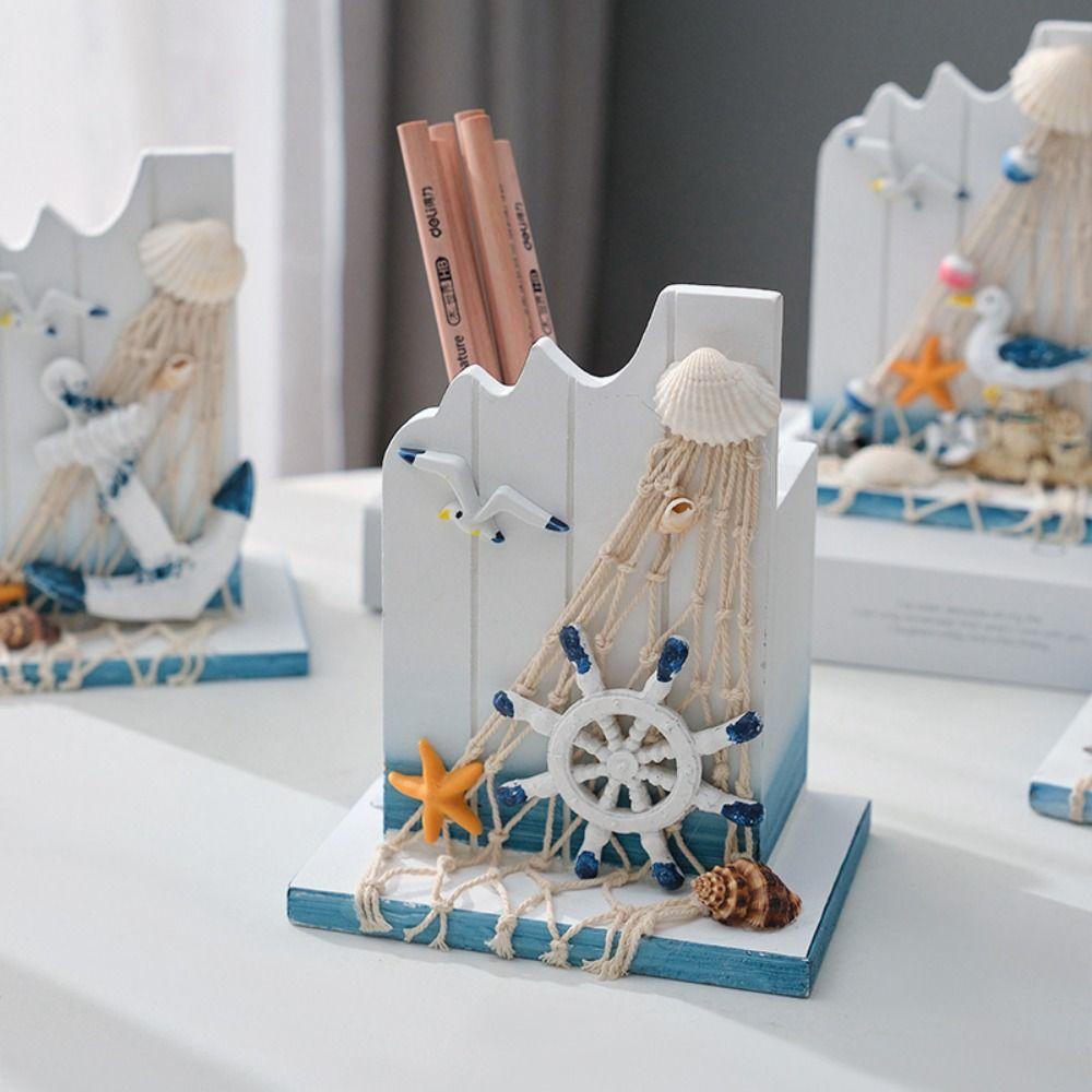 Large Capacity Wooden Pen Holder Ocean Style Pen Container  Office Desktop Decoration