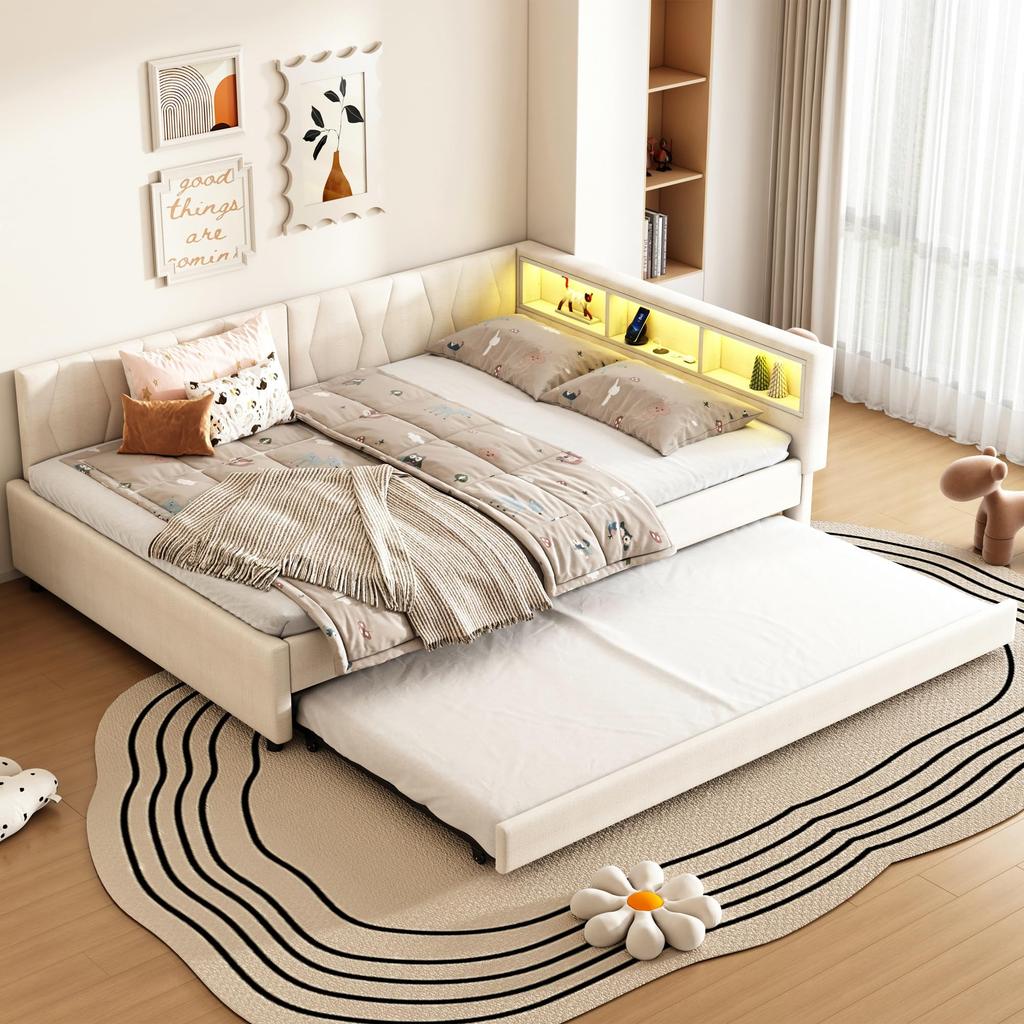 Sofa Bed 140x200 Cm Extendable LED Strip USB+Type-C Storage Compartment Slatted Frame Linen Bed Frame Without Mattress Beige