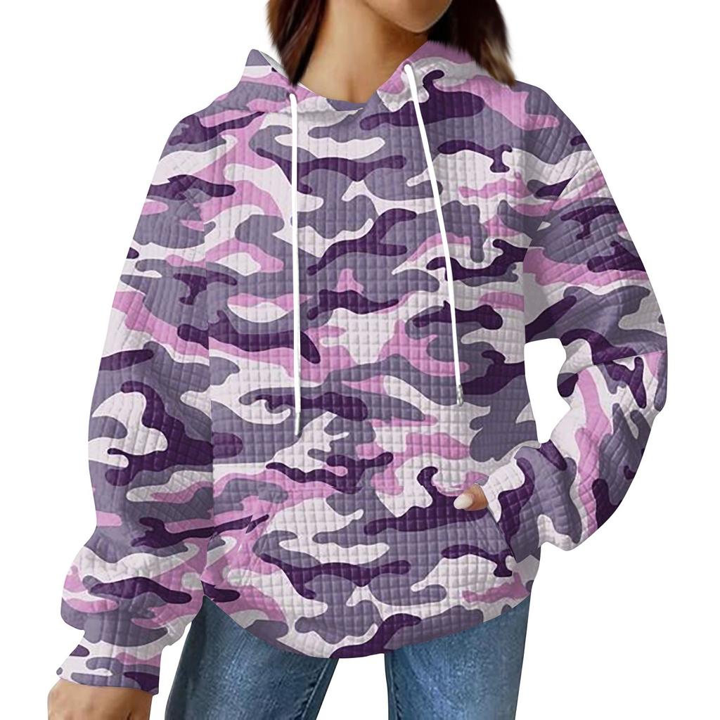 Women's Fashionable Loose Fitting Hooded Pullover, Long Sleeved Sportswear, Camouflage Printed Top, Daily Hoodie