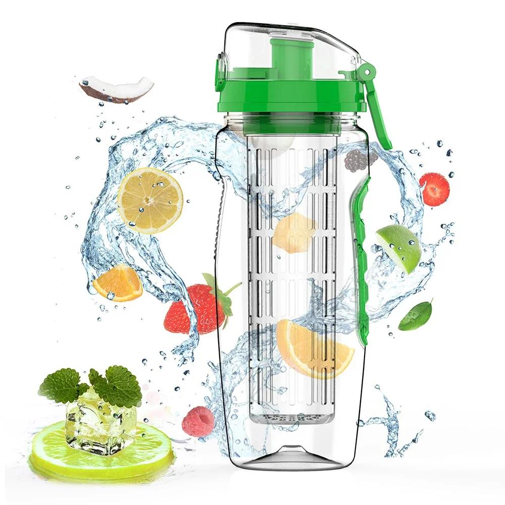 Бутылка для воды с инфузером для фруктов, 32 унции, без BPA, спортивная бутылка, Tritan, герметичная, пластиковая бутылка для воды с фруктами для спортзала, кемпинга, путешествий