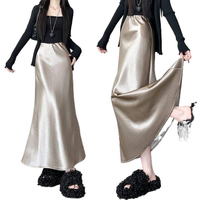 2025 Autumn High-Waisted Plus Velvet A-Line Skirt - Double-Layered Wave Polyester Fabric, Simple OL Commuting Style