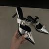 Punk Goth Metal Buckle High Heels Sandals Women 2024 Summer Pointed Toe Silver Party Shoes Woman Korean Style Thin Heels Sandals