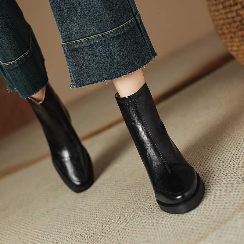 Krazing Pot Cow Skin Winter Round Toe Chunky Heels Fashion Boots Women Zipper Retro Elegant Women Ankle Boots